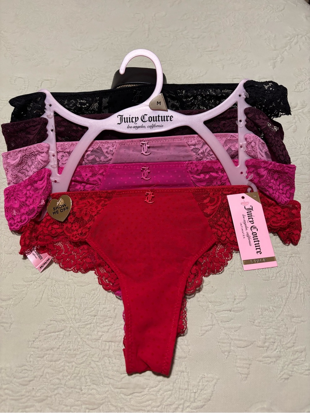 Juicy Couture Lace Thong 5 pair Red Pink Black Med NWT Sexy Honeymoon